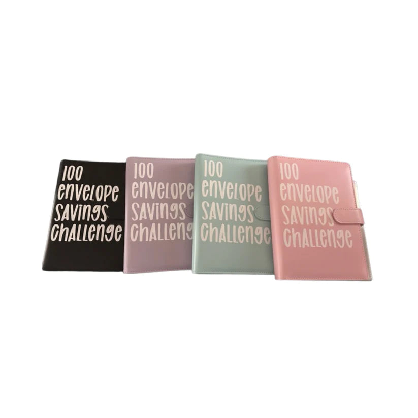 Four 100 Envelope Savings Binders in black, lavender, teal, and pink against a white background. Great for teaching financial literacy and strategies for financial independence. Ideal for kids and adults learning about money management.